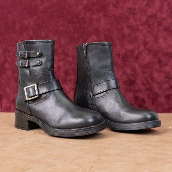 Steve Madden Women Arch Black Leather Moto Biker Ankle Boots sz 7 - Picture 1 of 9